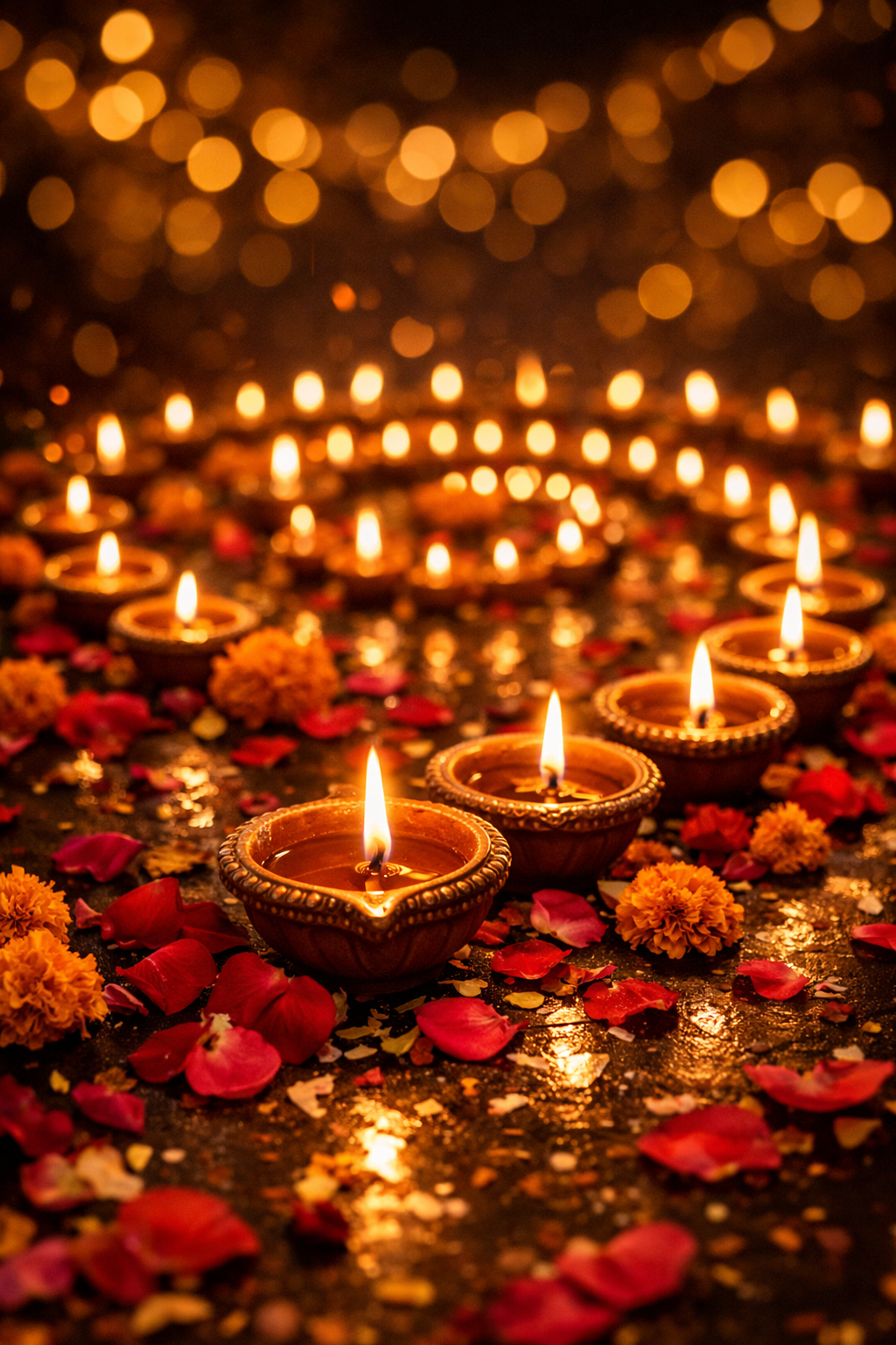 Diwali wallpaper clay diyas spiral arrangement golden glow rose petals marigolds